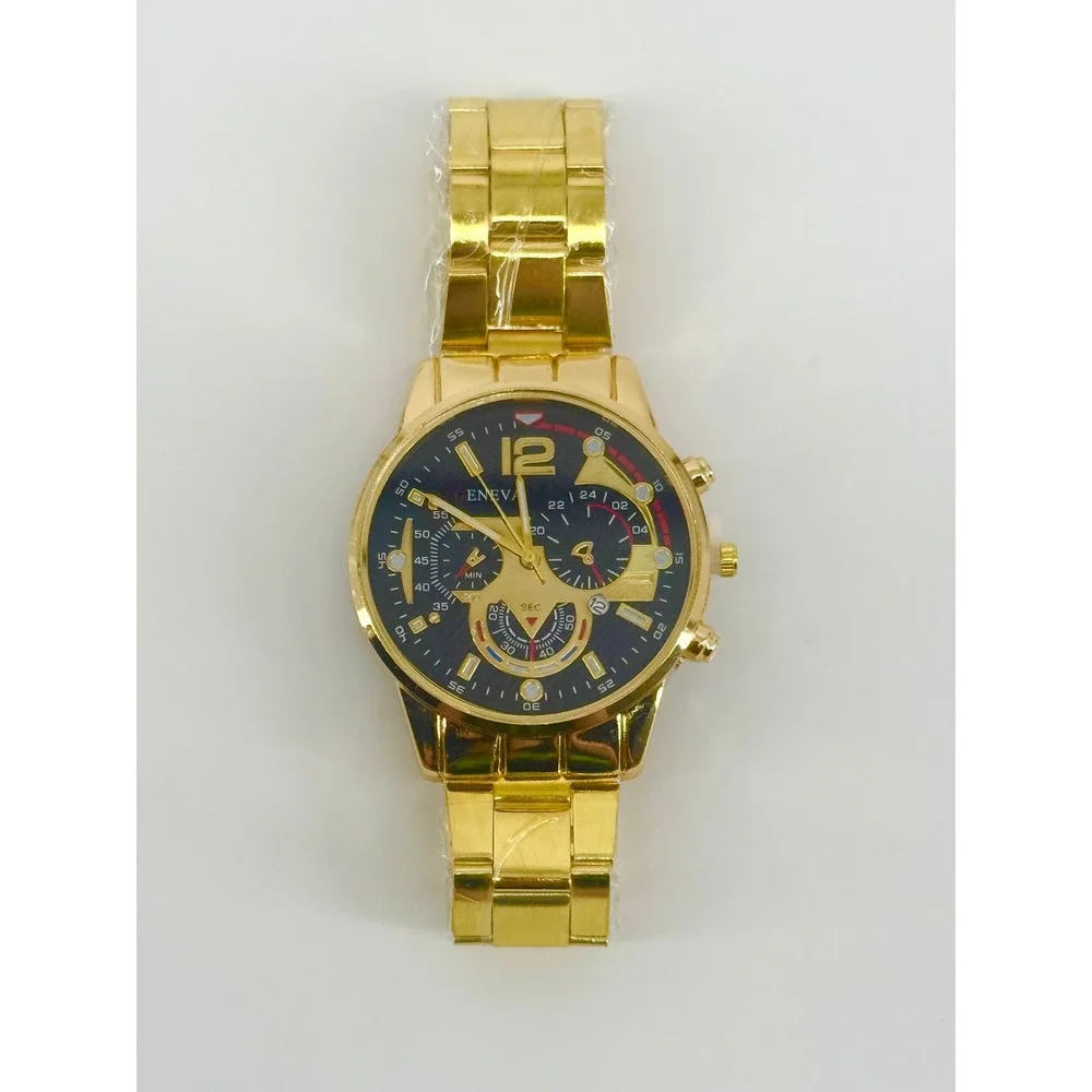 Geneva Mens Gold Tone Chronograph Style Watch Black Dial Link Bracelet New